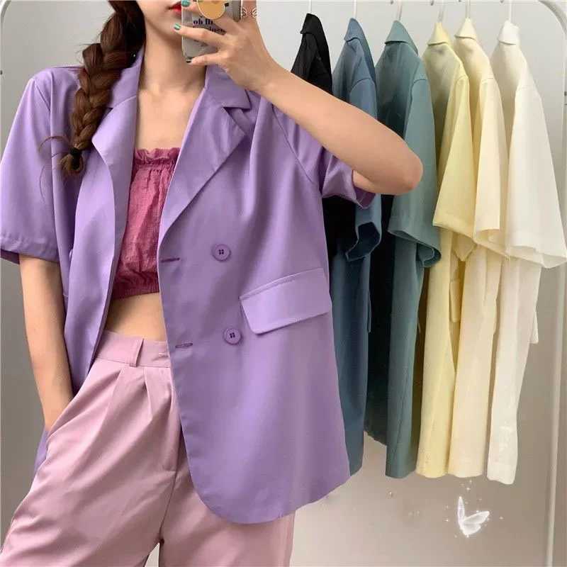 SMVP 2025 Women's Summer Short-sleeved Jacket Casual All-match Loose Double-breasted Blazers Coat Woman Korean Chic White Blazer - Image 2