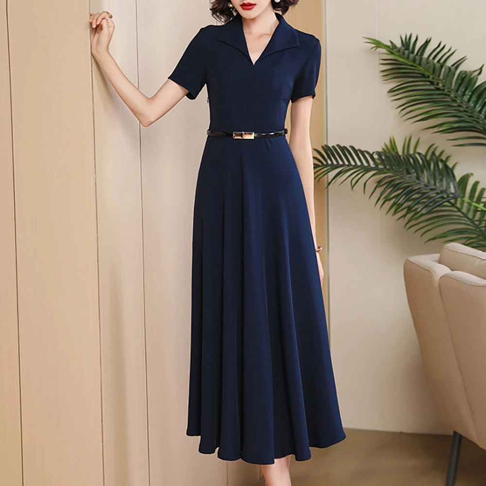 Summer navy blue dresses for woman elegant, Fashion waist cinching and slimming mid length Dress Chic suit collar female skirt - Image 4
