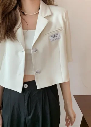 Short Sleeve Blazer Jacket Ladies Summer 2025 New Thin Notched Collar Suit Coat Women Casual Wild Black White Short Outwear Tops