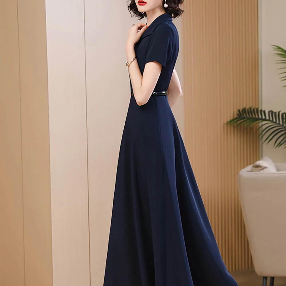 Summer navy blue dresses for woman elegant, Fashion waist cinching and slimming mid length Dress Chic suit collar female skirt - Image 5