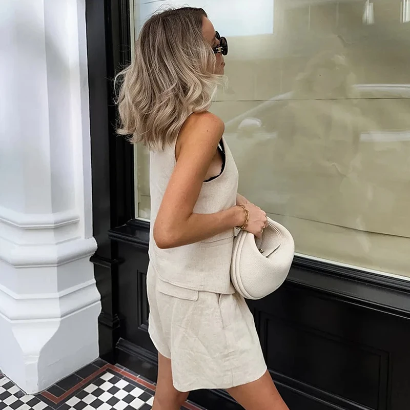 Retro Cotton Linen Tracksuit Women Two Piece Set Chic Button Vest Waistcoat +Short Sets Ensemble Femme 2 PièCes éTé - Image 3