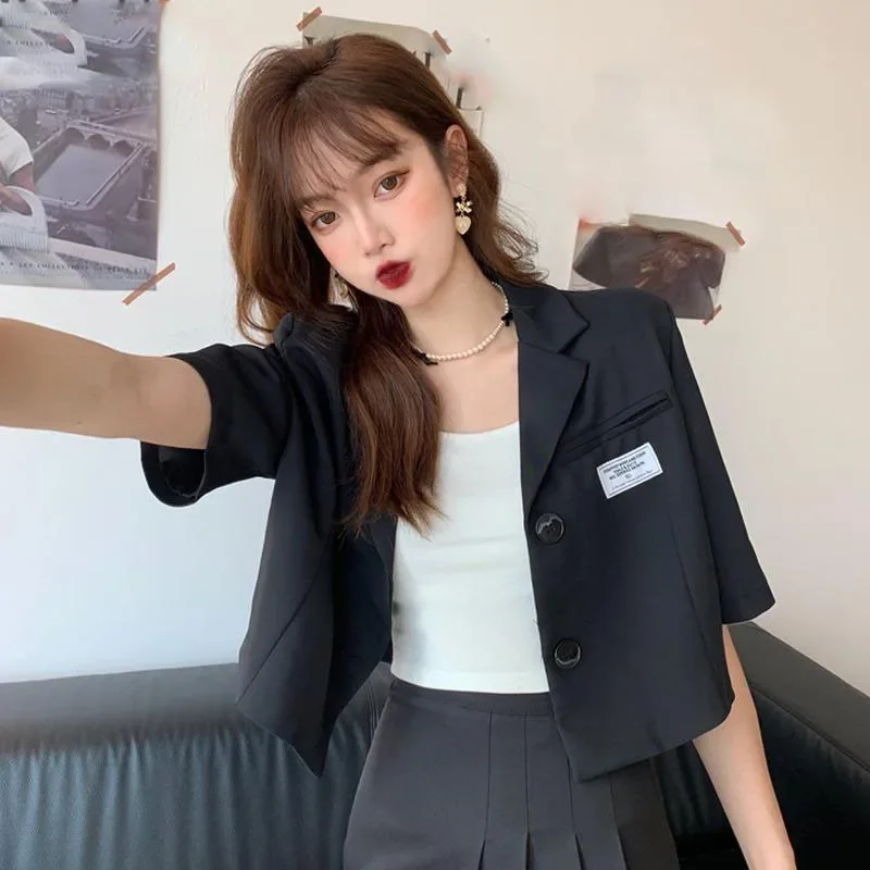 Short Sleeve Blazer Jacket Ladies Summer 2025 New Thin Notched Collar Suit Coat Women Casual Wild Black White Short Outwear Tops - Image 5