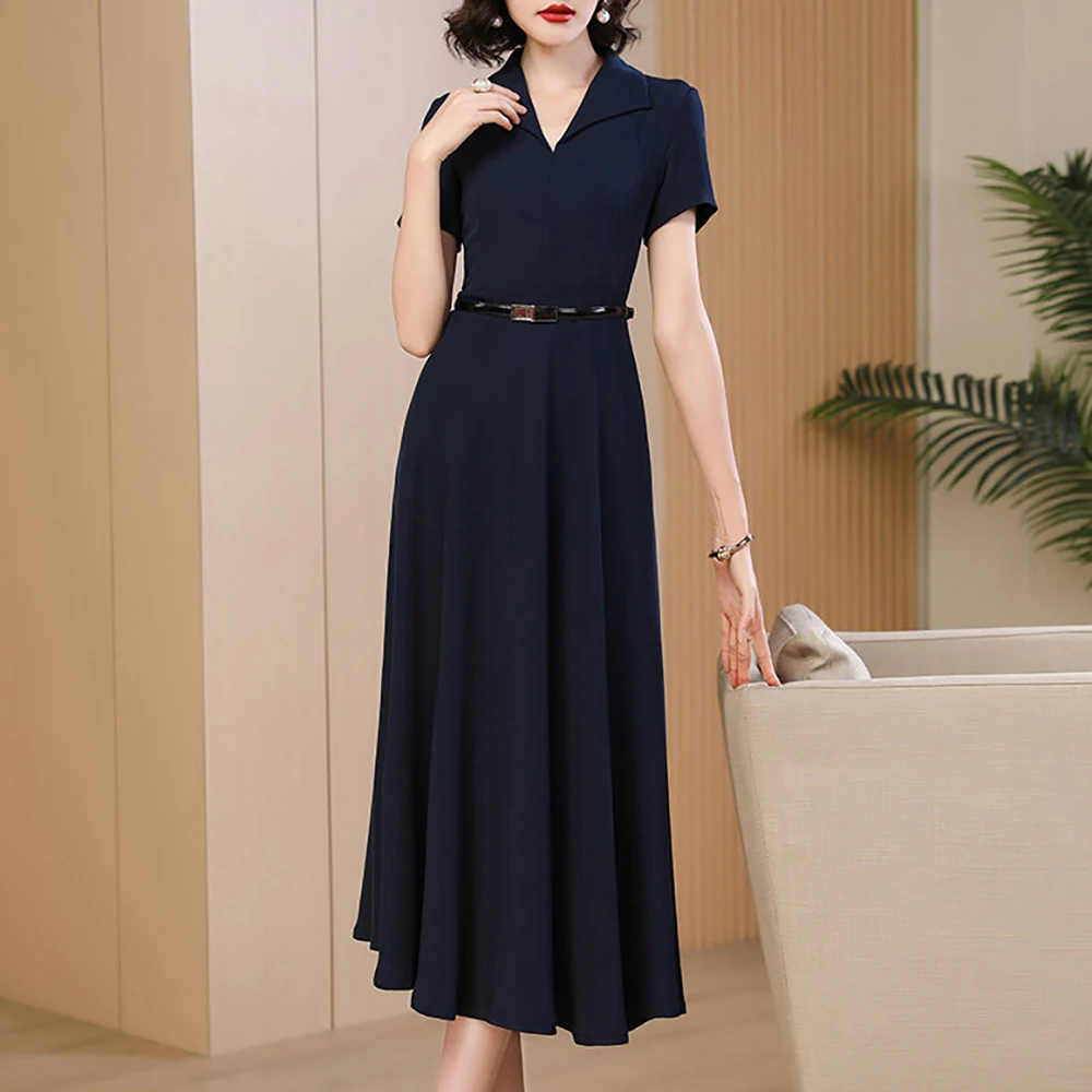 Summer navy blue dresses for woman elegant, Fashion waist cinching and slimming mid length Dress Chic suit collar female skirt - Image 6